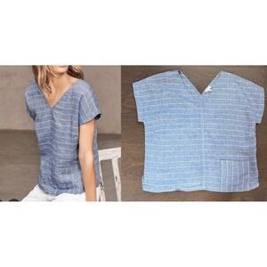 Garnet Hill Womens Blue White Striped 100% Linen V-Neck Pocket Top Large
